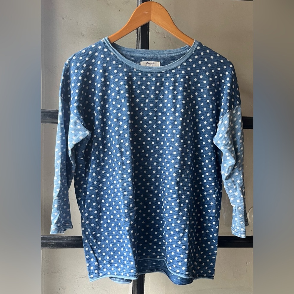 Madewell 3/4 Contrast Sleeve Blue Cotton Polka Dot Top